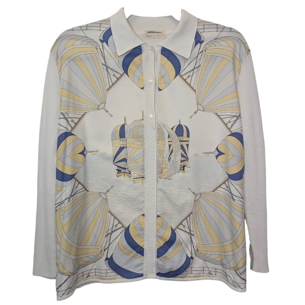 Hermes Spinnakers White Blue Yellow Ribbed Cotton Sweater Blouse Women XL 10 12